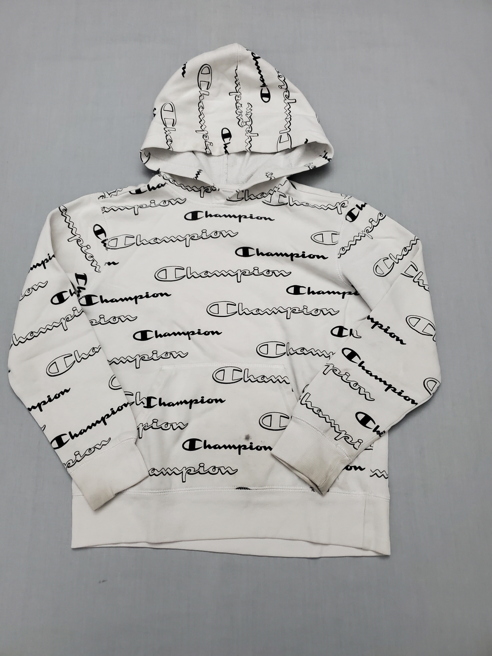 Kids Champion White Allover Logo Crewneck Hoodie in Fair Condition